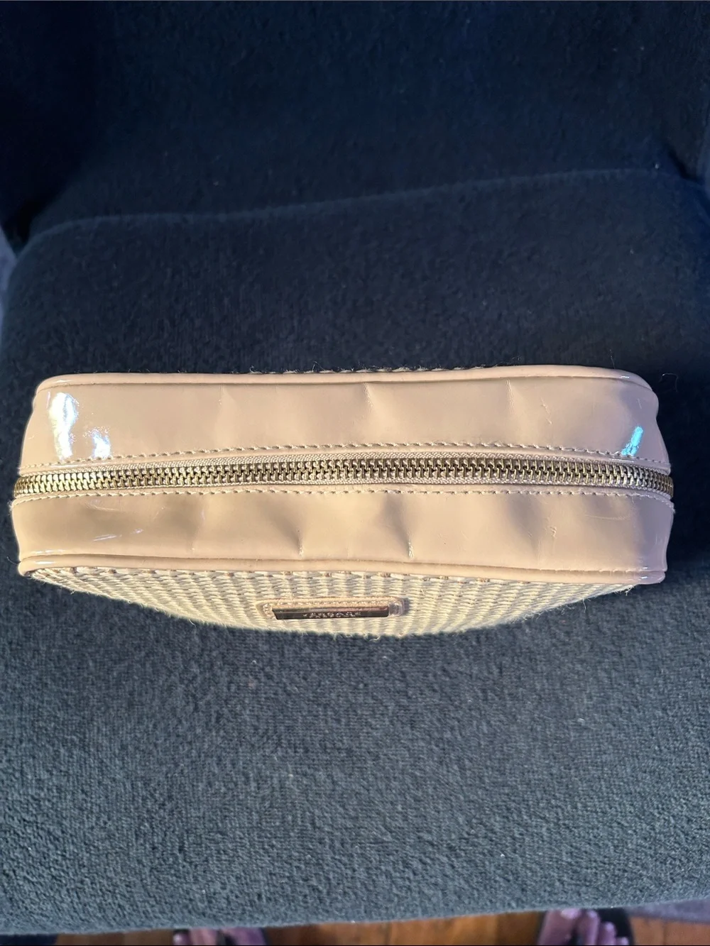 Versace Parfums Cream Woven Straw Cosmetic Bag with Rectangular Gold Logo Plaque